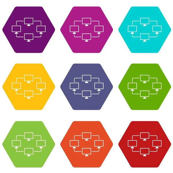 Computer di trasmissione delle informazioni icona impostato colore esaedro — Vettoriale Stock