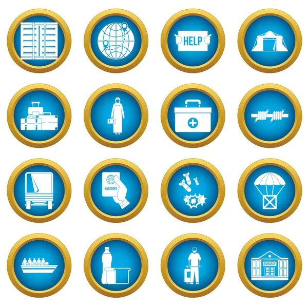 Refugees problem icons blue circle set — Stock Vector