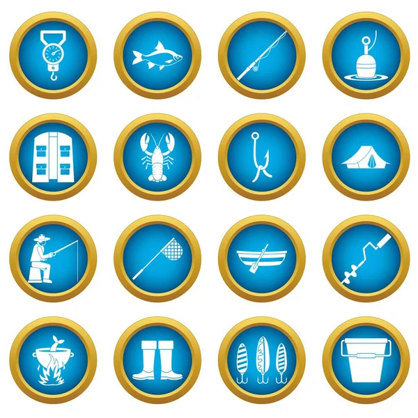 Balık tutma araçları simgeler daire seti mavi