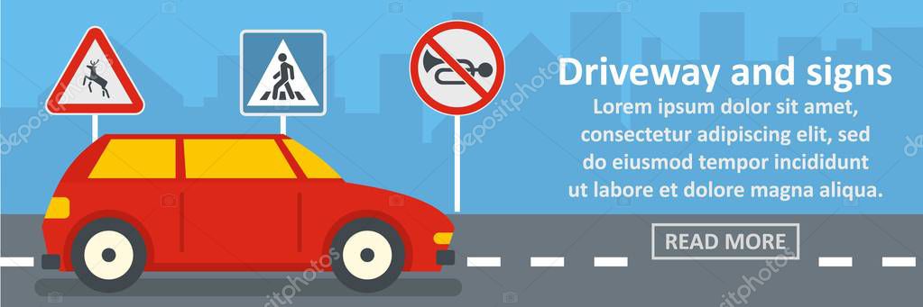 Driveway and signs banner horizontal concept. Flat illustration of driveway and signs banner horizontal vector concept for web