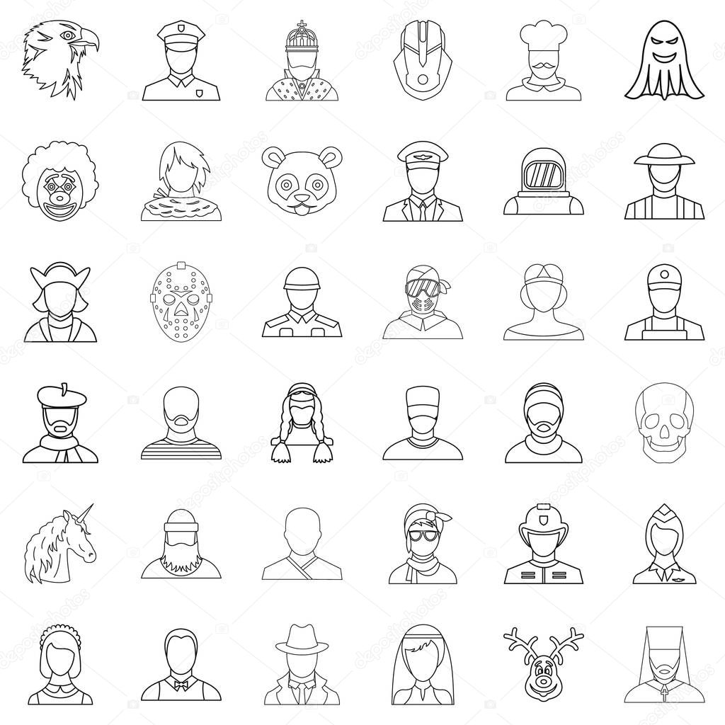 User icons set. Outline style of 36 user vector icons for web isolated on white background
