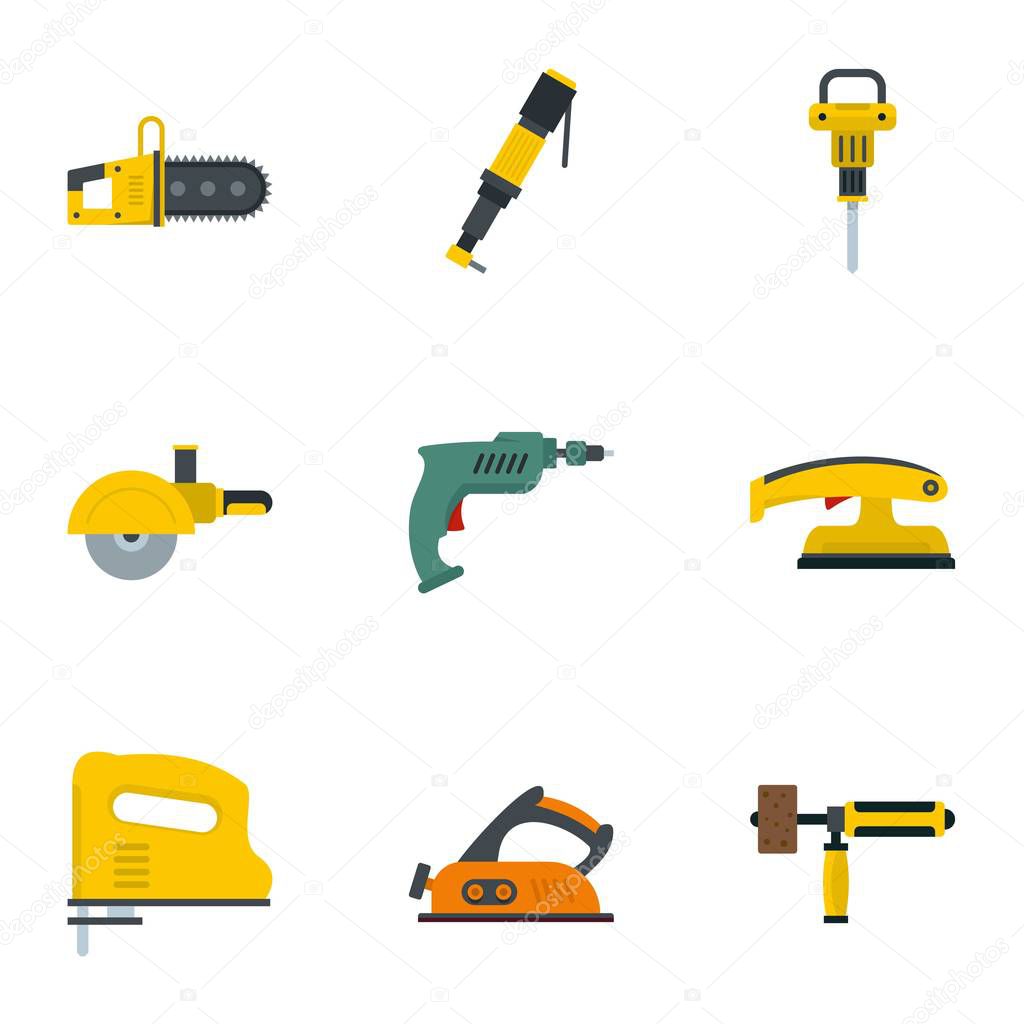 Construction electric tool icon set, flat style