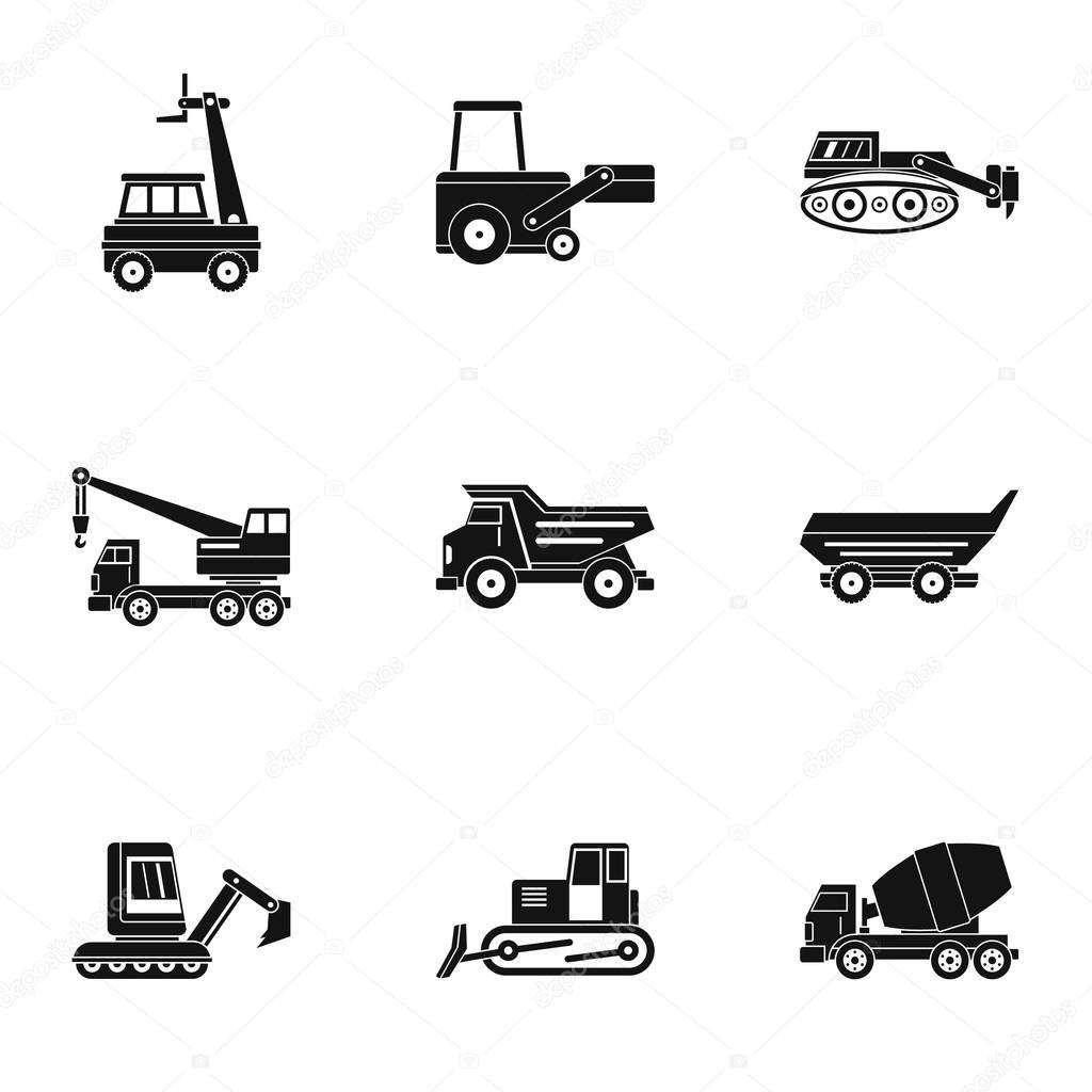 Construction heavy vehicle icon set, simple style
