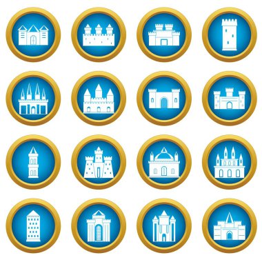 Kuleleri ve kaleler simgeler daire seti mavi
