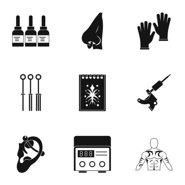 Dövme salonu ekipman simge seti, basit tarzı