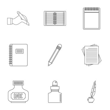 Yazar kalem araçları simge seti, anahat stili
