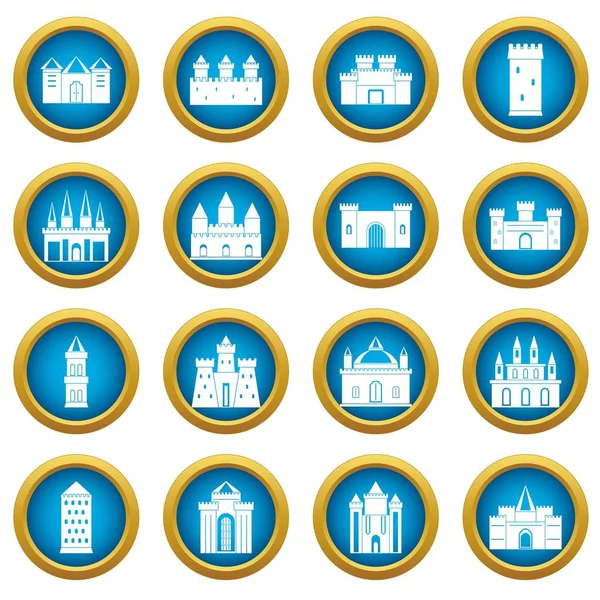 Torres y castillos iconos conjunto círculo azul — Vector de stock