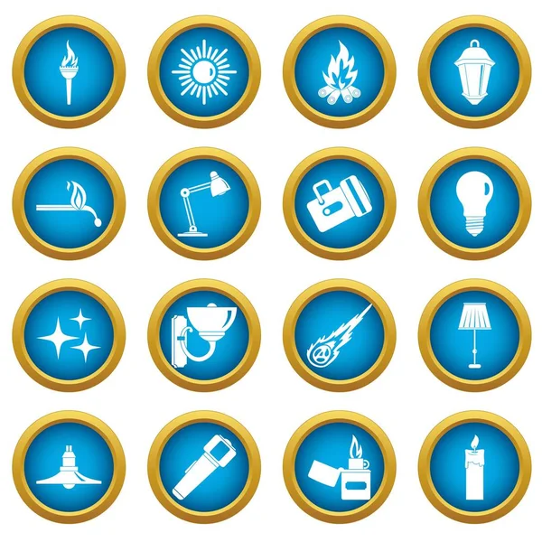 Sorgente luminosa simboli icone blu cerchio impostato — Vettoriale Stock