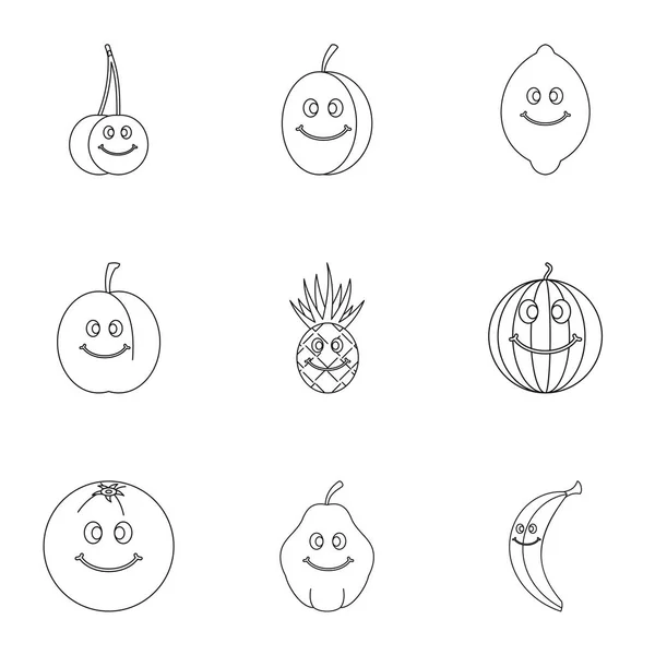Conjunto de iconos de emoji de fruta divertida, estilo de esquema — Vector de stock