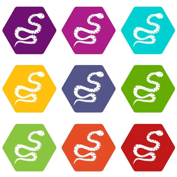 Serpiente negra retorciéndose icono conjunto hexaedro color — Vector de stock