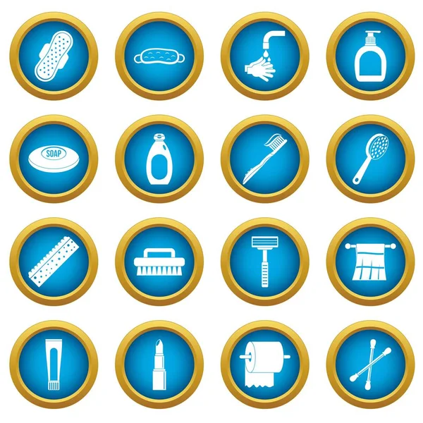Hygiëne hulpmiddelen pictogrammen blauw cirkel set — Stockvector