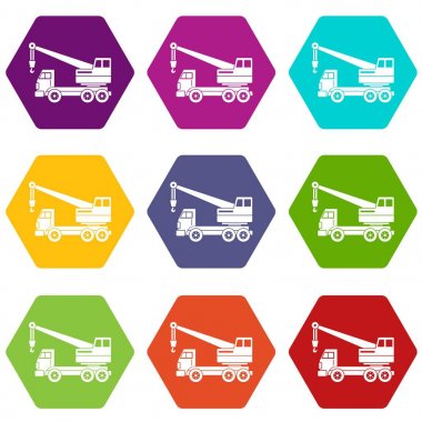 Renk altı yüzlü kamyon vinç Icon set