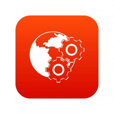 Dünya gezegeni ve dişli simgesini dijital kırmızı