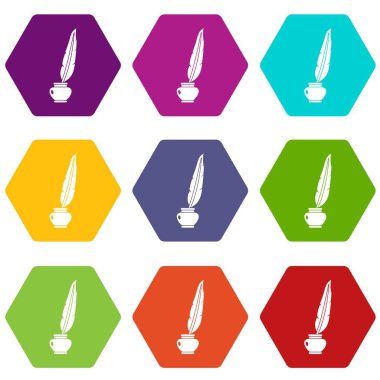 Renk altı yüzlü tüy tüy kalem ayakta şişe mürekkep simgesi ayarla