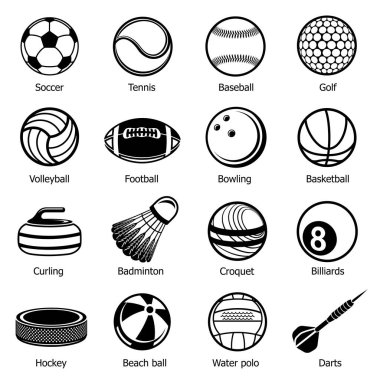 Spor topları ekipman Icons set, basit tarzı