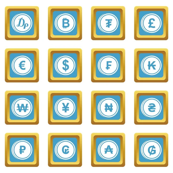 Moneda de diferentes países iconos azul — Vector de stock