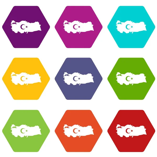 Peta Turki dengan simbol bendera nasional ikon set warna hexahedron - Stok Vektor