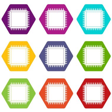 Renk altı yüzlü bilgisayar mikroçip Icon set