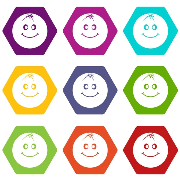 Renk altı yüzlü gülümseyen meyve Icon set