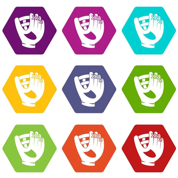 Renk altı yüzlü deri beyzbol eldiveni Icon set