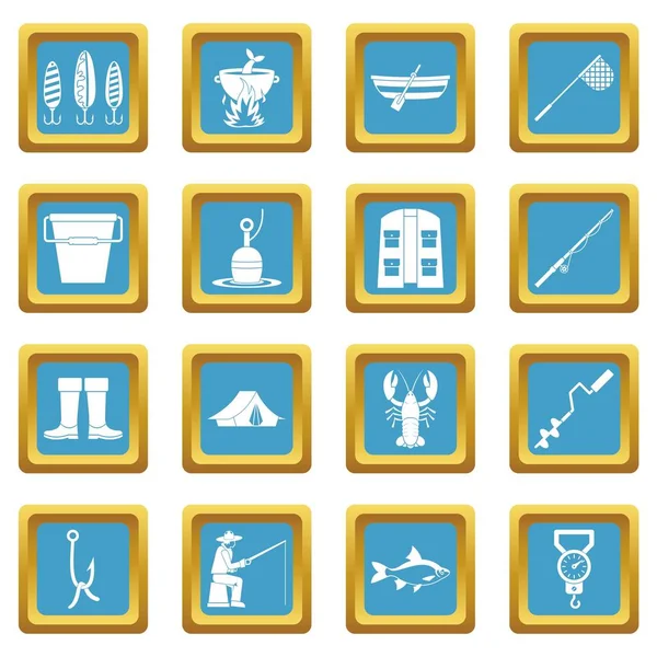 Herramientas de pesca iconos azul — Vector de stock