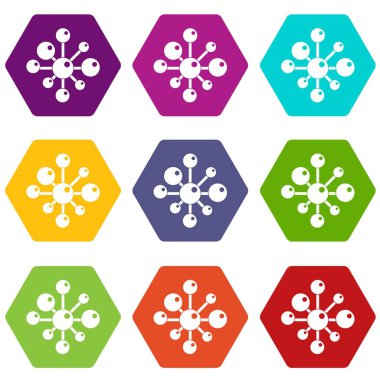 Renk altı yüzlü kimyasal ve fiziksel molekülleri Icon set