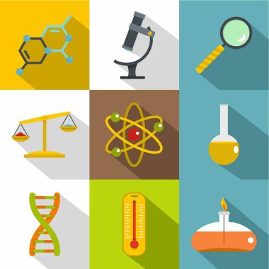 Kimyasal deneyim simge seti, düz stil