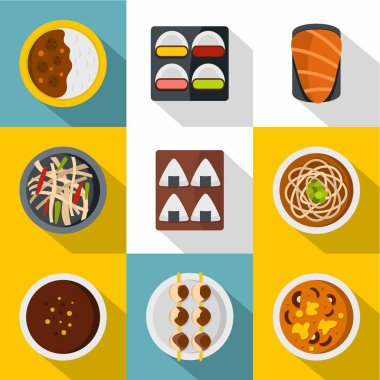 Lezzetli Japon gıda simge seti, düz stil