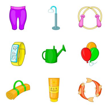 Açık yaz spor simge seti, karikatür tarzı