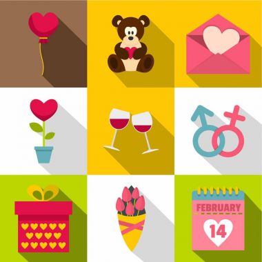 Sevgililer günü öğeleri simge seti, düz stil