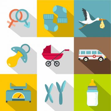 Yenidoğan simge seti, düz stil için ürünler