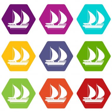 Renk altı yüzlü büyük yat Icon set