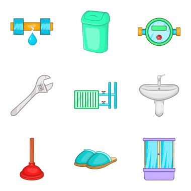 Banyo onarım hizmeti simge seti, karikatür tarzı