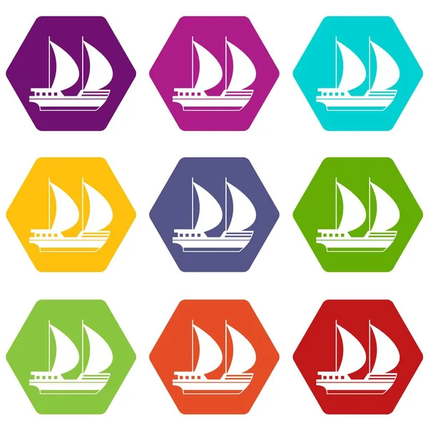 Renk altı yüzlü büyük yat Icon set