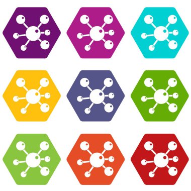 Renk altı yüzlü kimyasal ve fiziksel molekülleri Icon set
