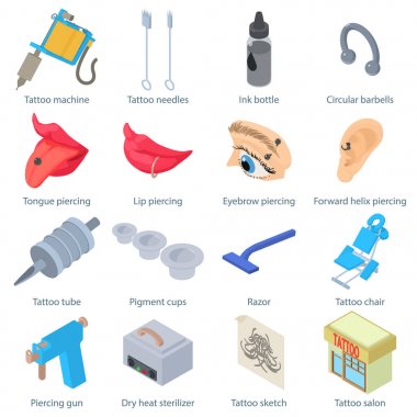 Dövme salonu Icons set, izometrik stili