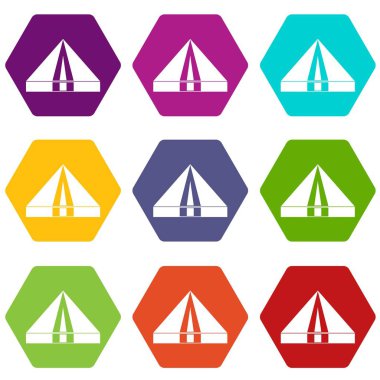 Renk altı yüzlü turist kamp çadır Icon set