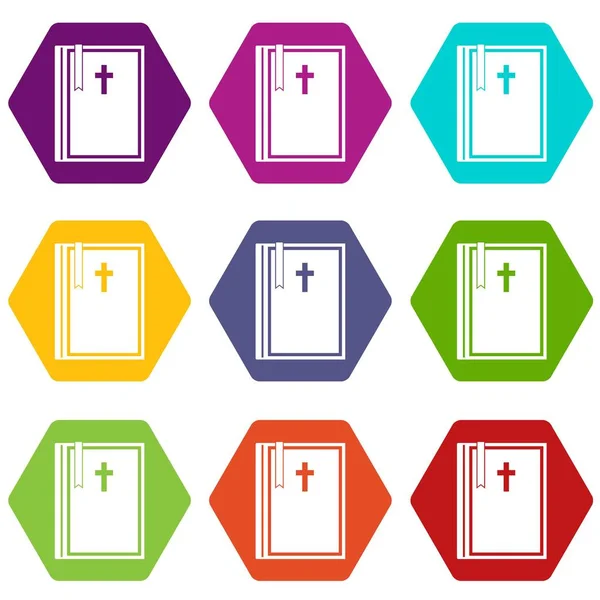Conjunto de iconos bíblicos hexaedro de color — Vector de stock