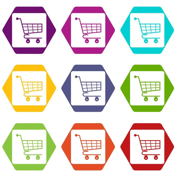 Carrinho de compras ícone conjunto cor hexaedro — Vetor de Stock