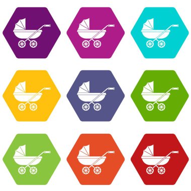 Renk altı yüzlü bebek arabası Icon set