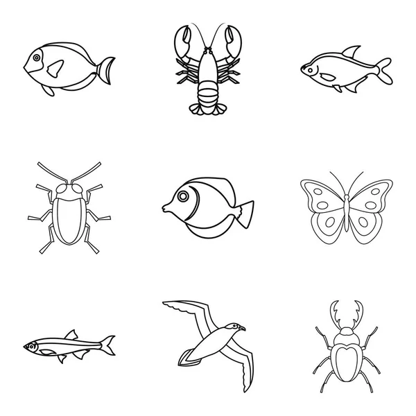 Набор иконок морских рыб, стиль контура — стоковый вектор
