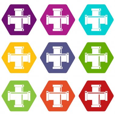 Renk altı yüzlü siyah boru montaj Icon set