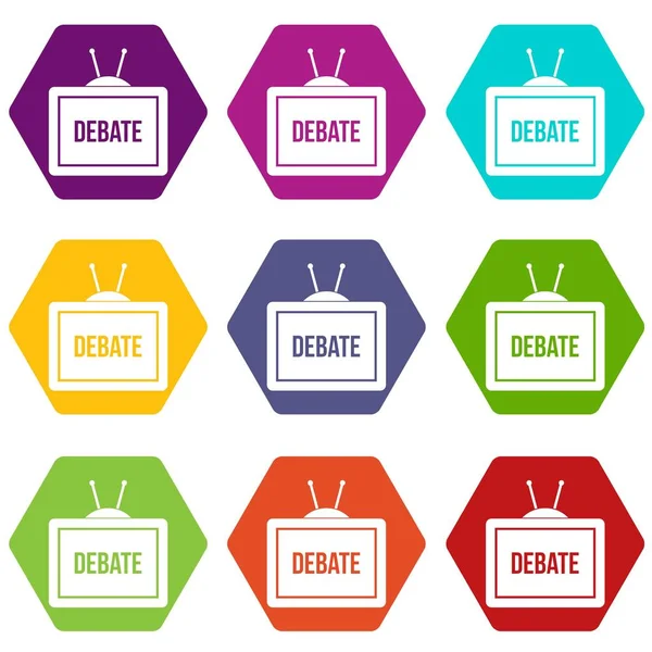 TV con el icono de inscripción Debate set color hexaedro — Vector de stock