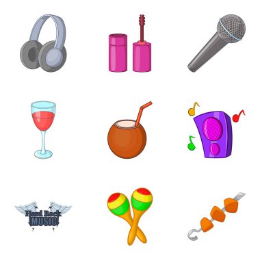 Hard rock Festivali simge seti, karikatür tarzı