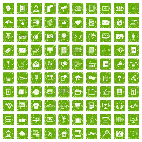 100 Ikonen der Informationstechnologie lassen Grunge grün werden — Stockvektor