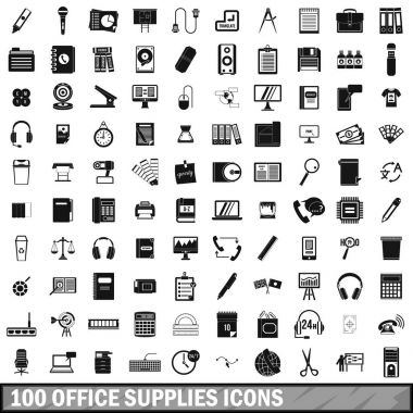 100 ofis malzemeleri Icons set, basit tarzı