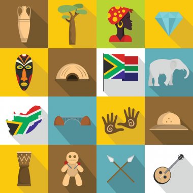 Güney Afrika seyahat etmek simge seti, stil düz