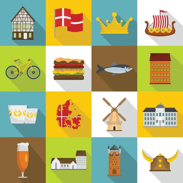 Conjunto de iconos de viaje Dinamarca, estilo plano — Vector de stock
