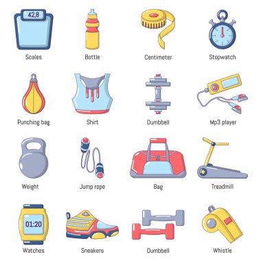 Spor salonu spor Icons set, karikatür tarzı