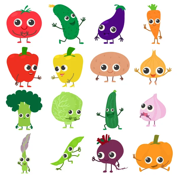 Conjunto de iconos de verduras sonrientes, estilo de dibujos animados — Vector de stock